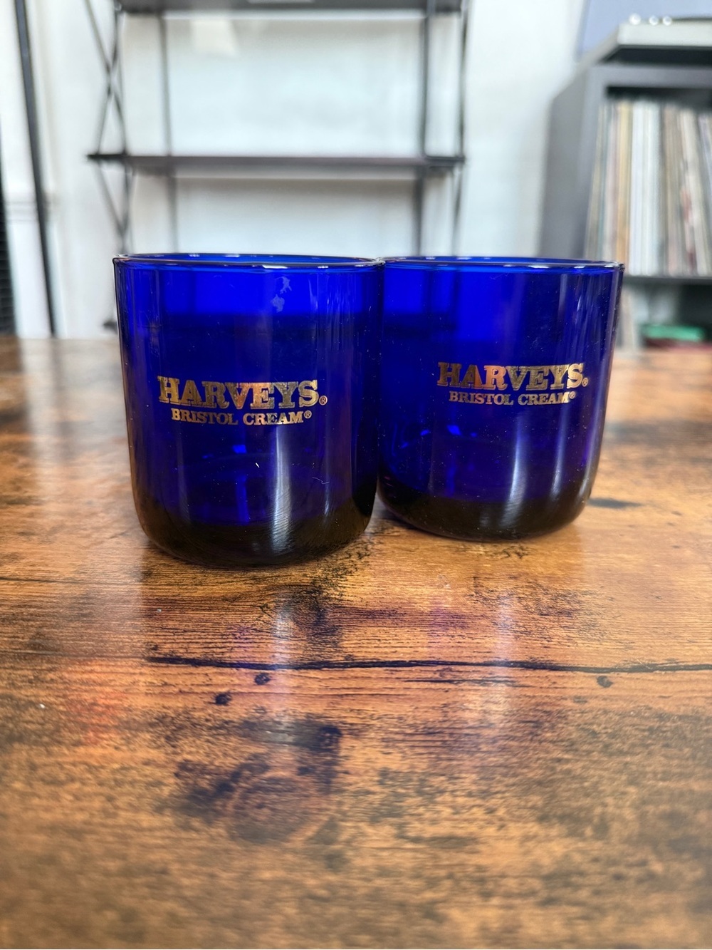 Harveys Cobalt Blue Bristol Cream Glasses with Gold Logo - Set of 2